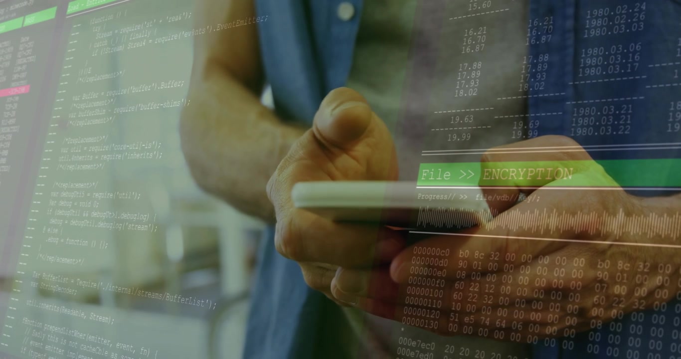 Man tapping smartphone screen activating encryption process as code and numbers flashing