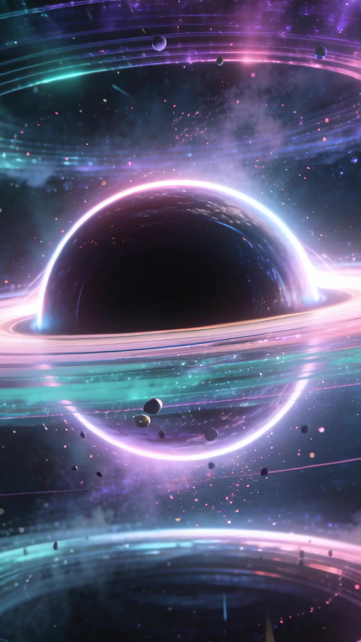 Vertical video: Starting colorful rings rotating around dark orb lit rim in space orbiting rocks