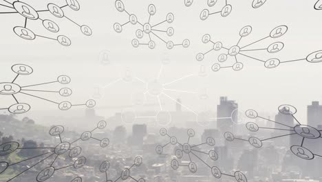 animation of network of connections with icons over cityscape