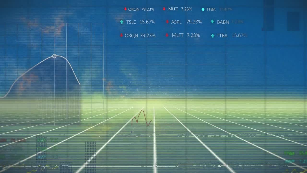 파란색 배경에 있는 금융 데이터 처리 및 선의 애니메이션