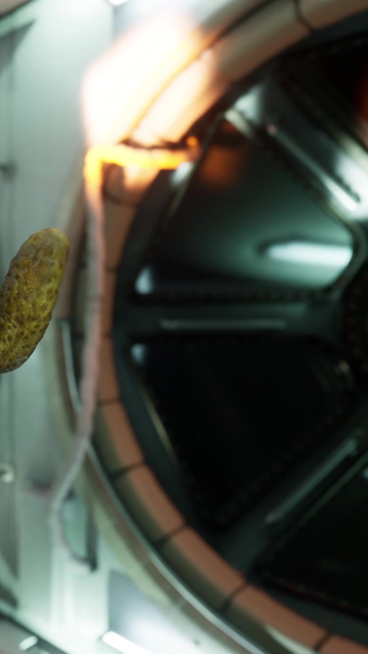 Interno di un'astronave con un oggetto fluttuante in un ambiente a gravità zero.