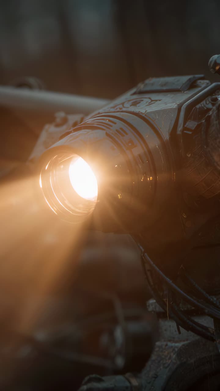 Vertical video: Powering on, cylindrical lamp casting beam into woods revealing housing and cables