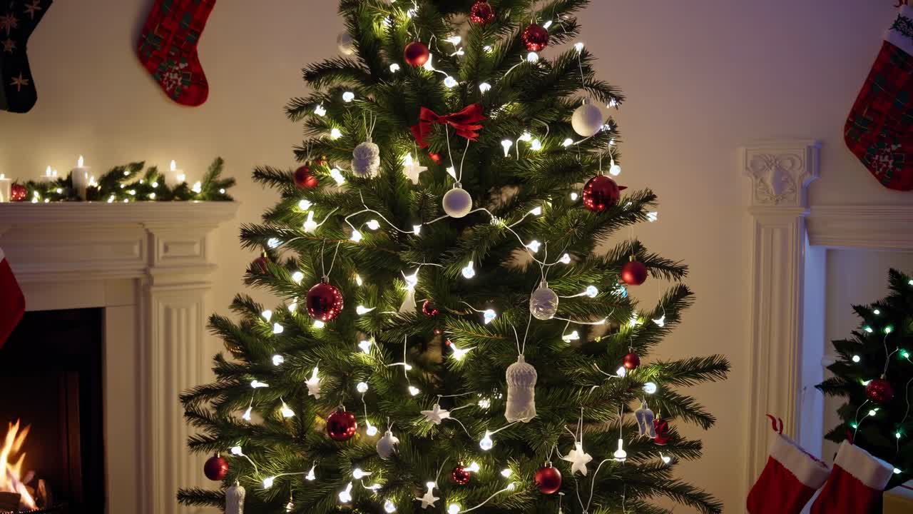 A cozy, festive video captures a warmly lit Christmas tree adorned with red and white ornaments