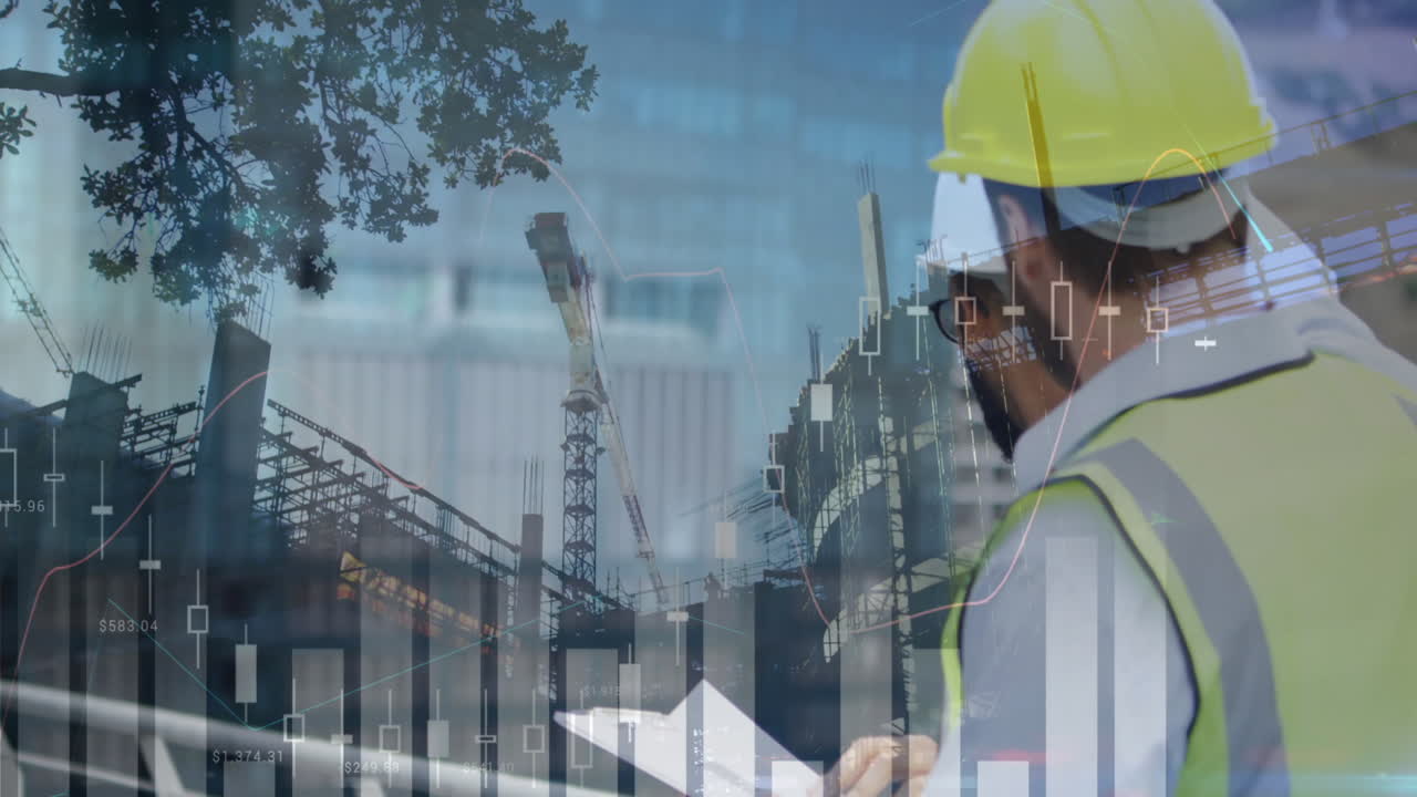 ingenieros discutiendo el plan y un edificio en construcción con gráficos