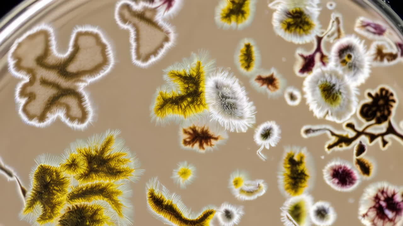 Diverse Microbial Colonies Growing in a Petri Dish
