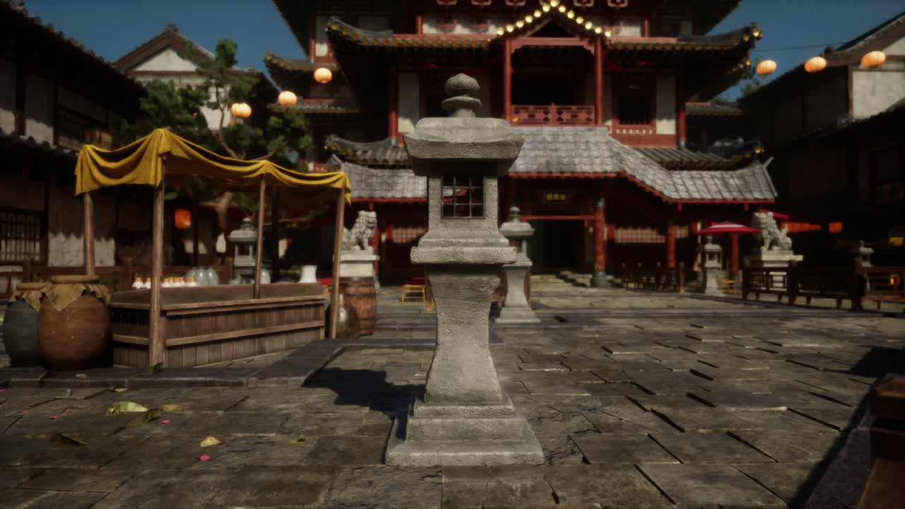 전면에 랜턴과 돌 랜턴이 있는 전통적인 중국 거리 장면