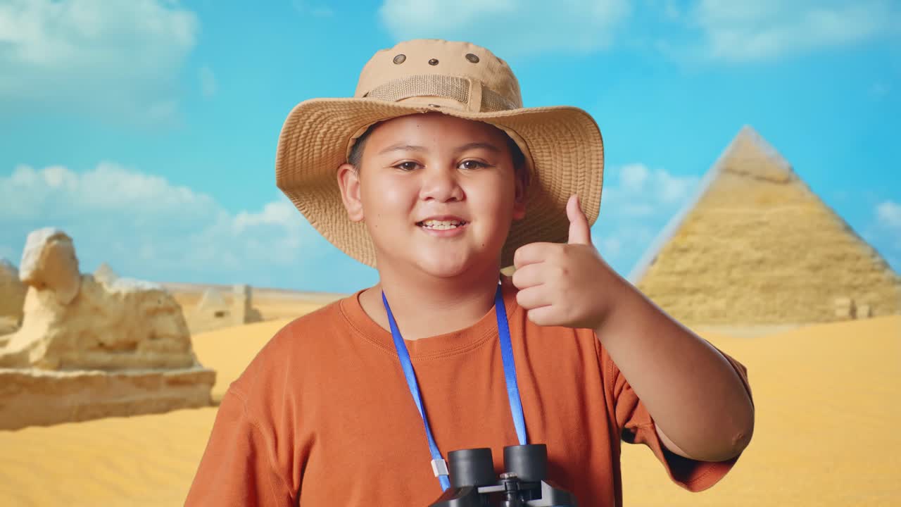 Happy Boy Explorer in front of Pyramids