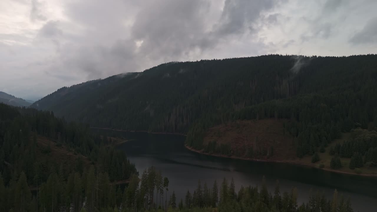 Drone che sorvola lateralmente a bassa quota il lago Beliș-Fântânele in Romania, incorniciato da fitte pinete e colline montuose, con la nebbia che sale sotto un cielo autunnale nuvoloso in un remoto paesaggio naturale