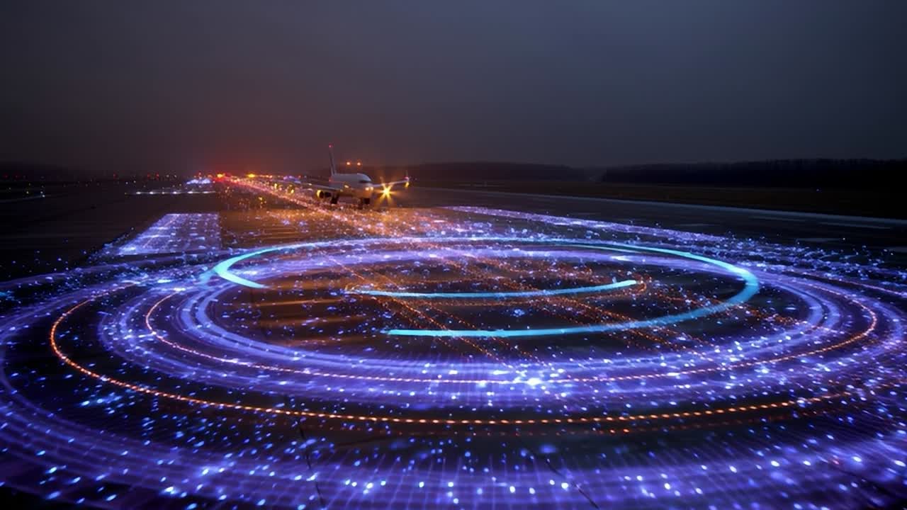 Modelli di luce dinamici illuminano la pista dell'aeroporto durante le operazioni notturne