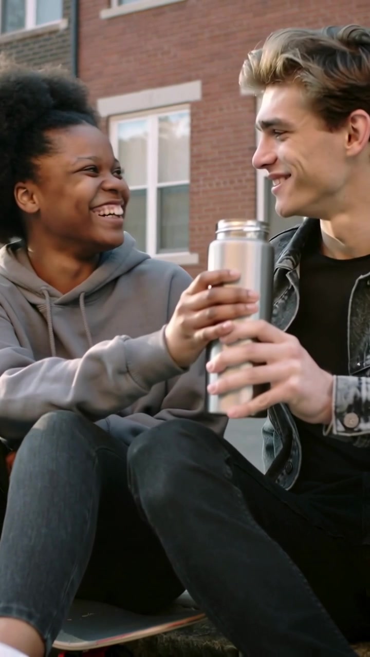 Vertical video: Female offering thermos, pair in hoodie sitting on skateboard sharing sip on stoop
