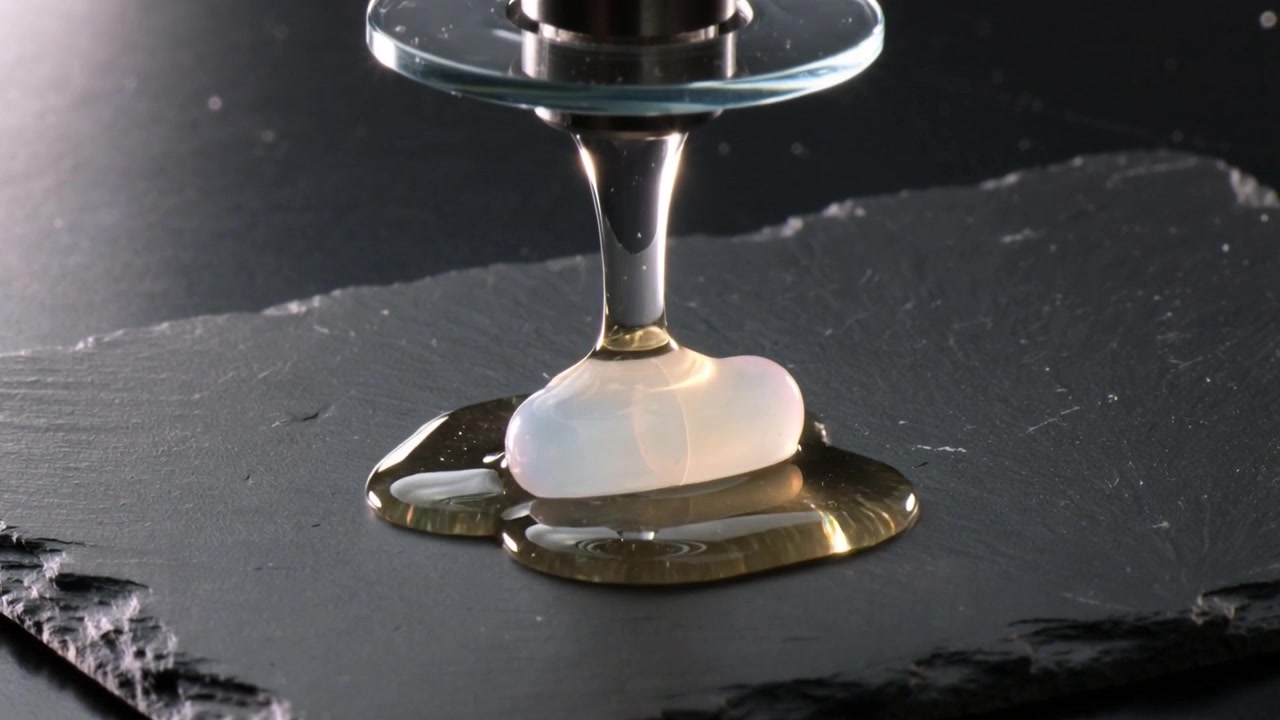 Lowering nozzle pouring clear liquid onto iridescent capsule on slate, forming reflective puddle