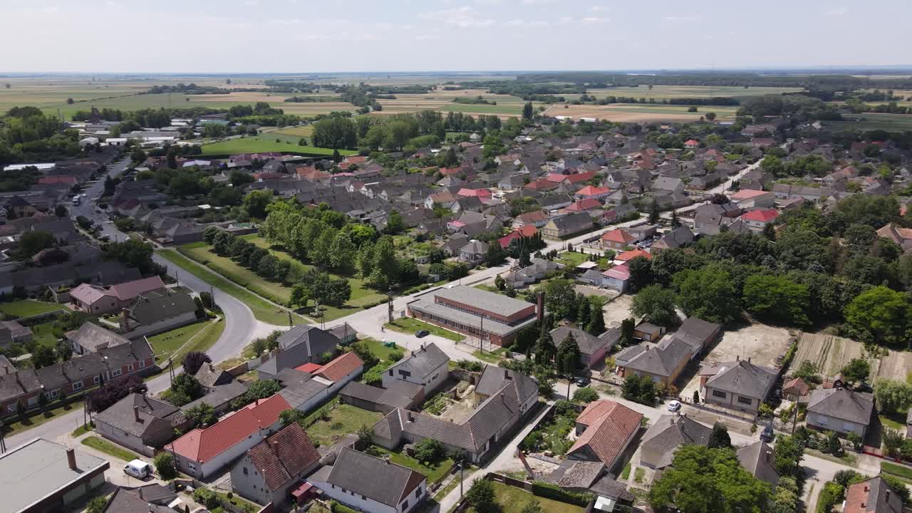 Aerial parallax over neighborhood in small village of Batya, Hungary ...