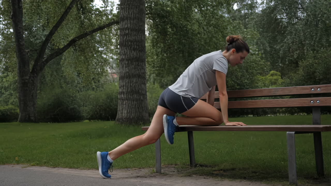 A woman exercises on a park bench in an outdoor setting