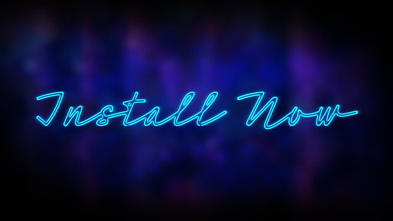 Animazione di uno striscione di testo blu neon 'Installa ora' su sfondo blu.
