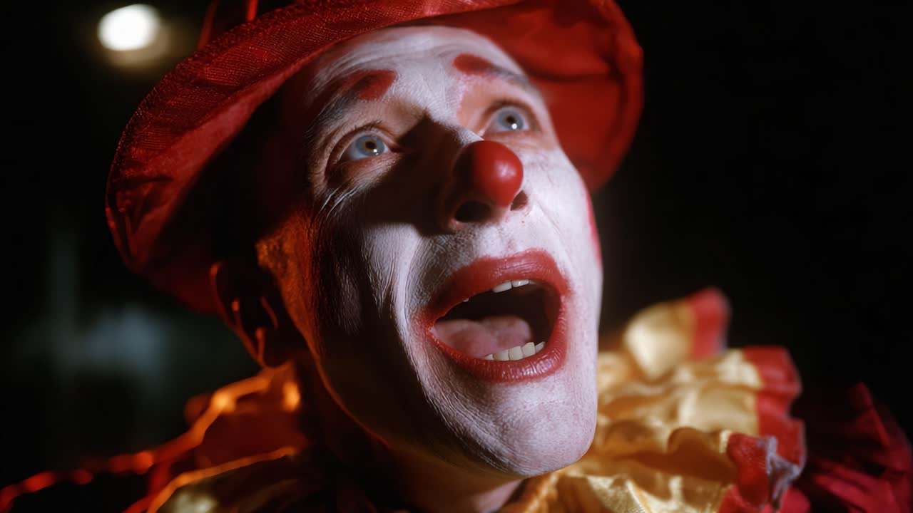 A vibrant and expressive clown, adorned in bright red and yellow attire, captures the essence of joy and whimsy with a joyous gaze and playful demeanor