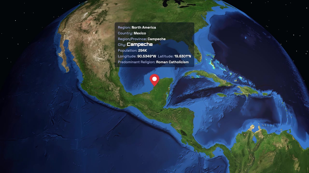 Um globo 3D gira no espaço antes de aproximar o zoom no México com um alfinete de localização.