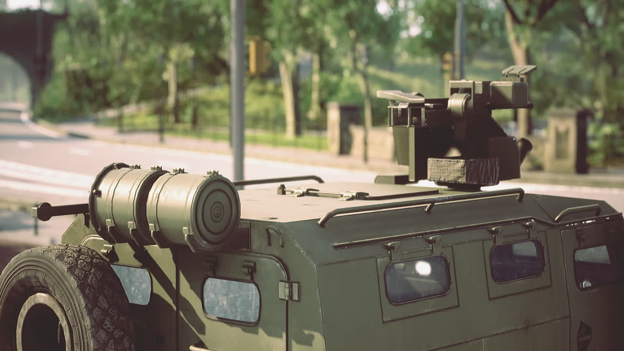 Military vehicle with advanced surveillance in urban park