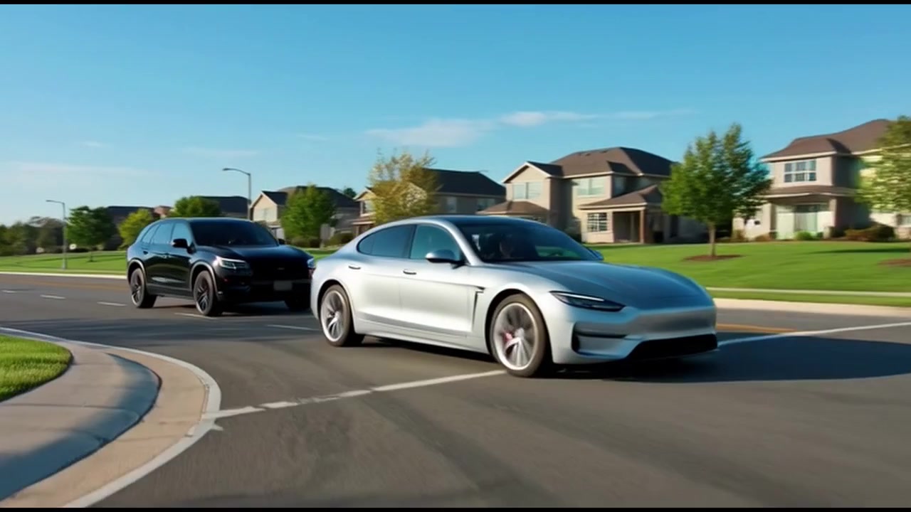 Auto moderne che guidano su una strada suburbana in un quartiere residenziale