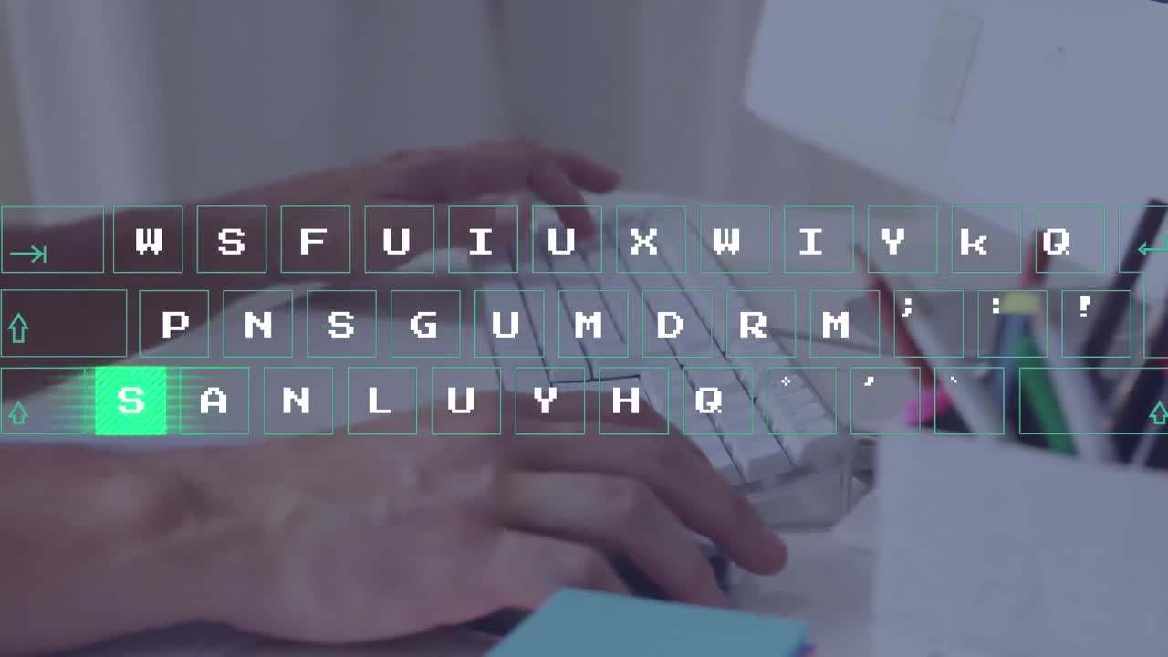 animación del procesamiento de datos del teclado virtual contra la sección media del hombre utilizando la computadora