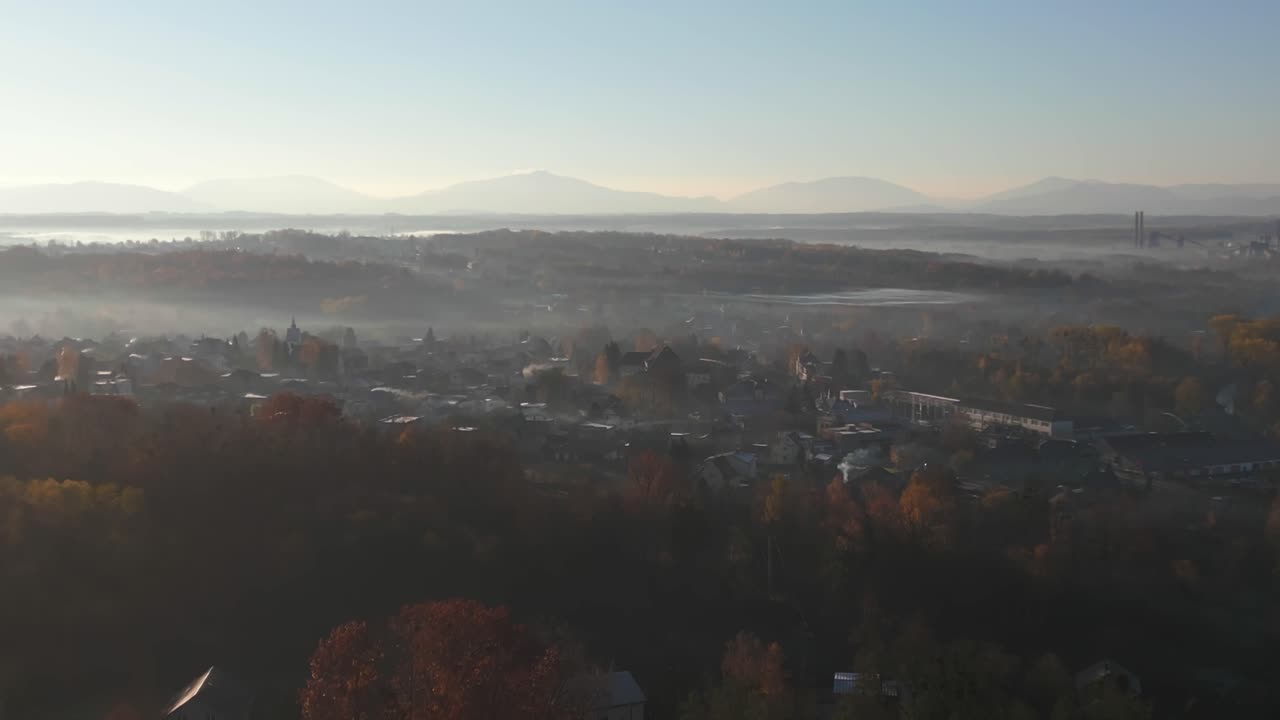 Misty morning over Ostrava urban cityscape and industrial horizon