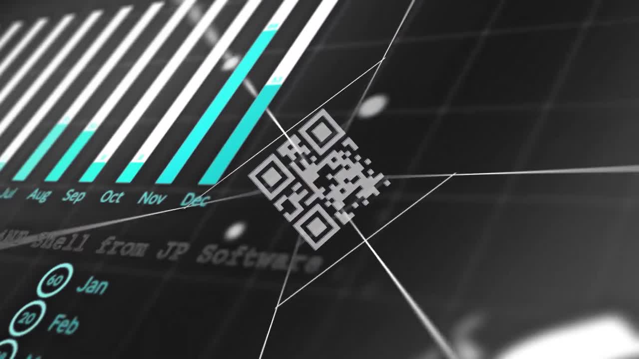 Animation of qr code and data processing over dark background
