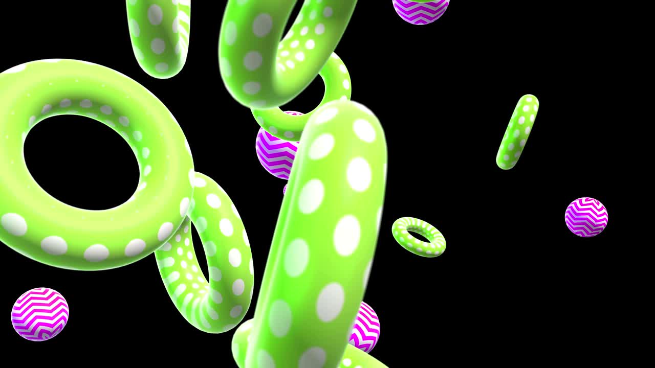 날아다니거나 떠다니는 간단한 기하학적 형태를 가진 추상적인 다채로운 배경, 다채로운 장식적인 loopable 3d 애니메이션, 밝은 현대적인 구성.