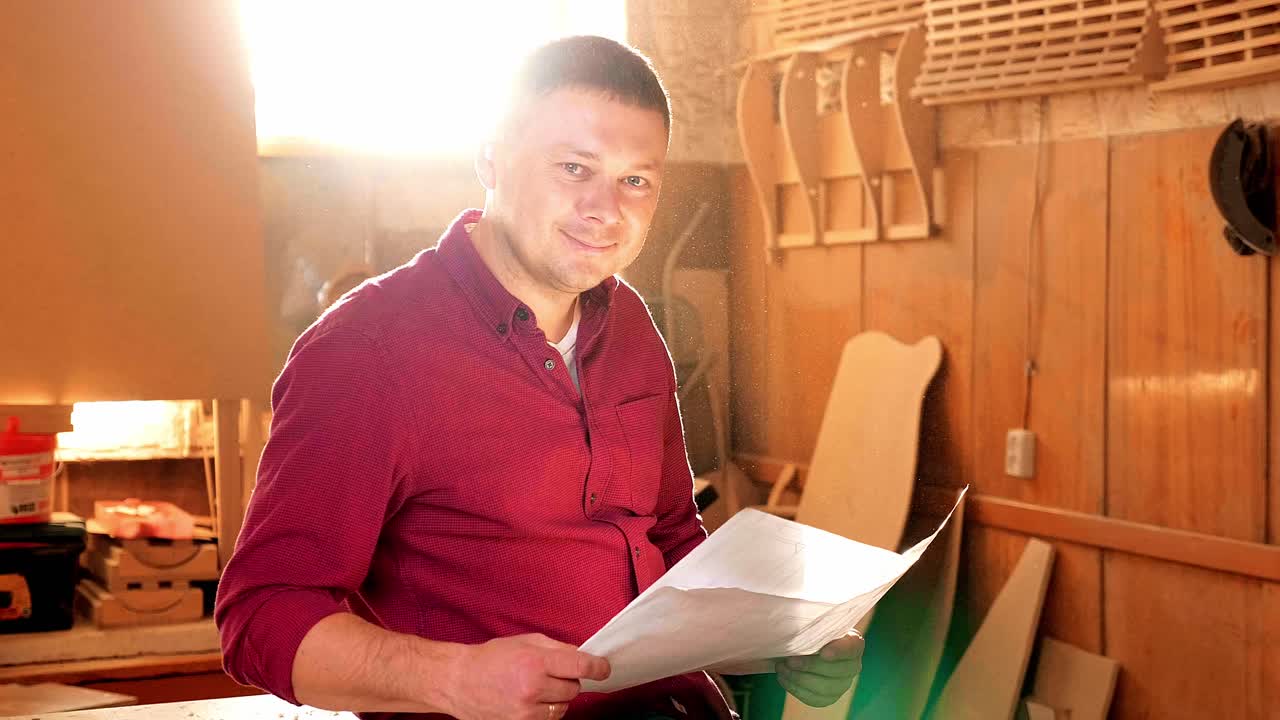 Carpenter reviewing plans in workshop