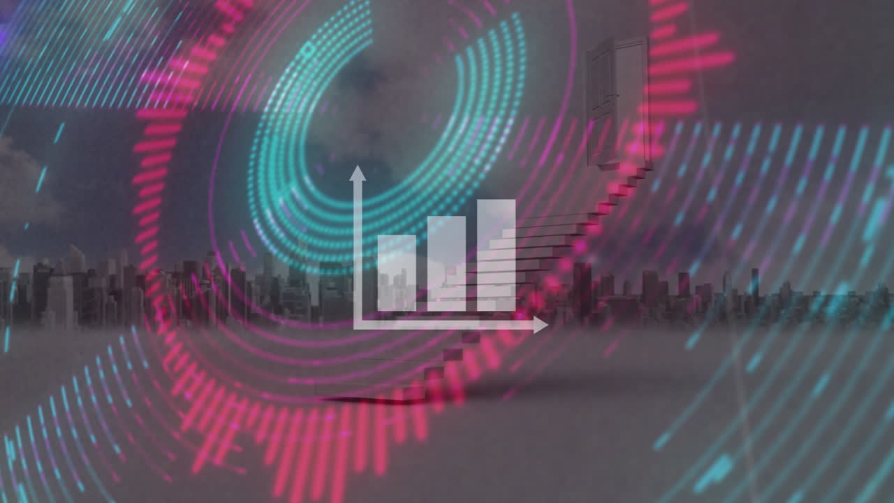 Animation of abstract cityscape with digital patterns and floating staircase concept