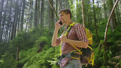 a person uses a smartphone in a hike sits by a beautiful forest