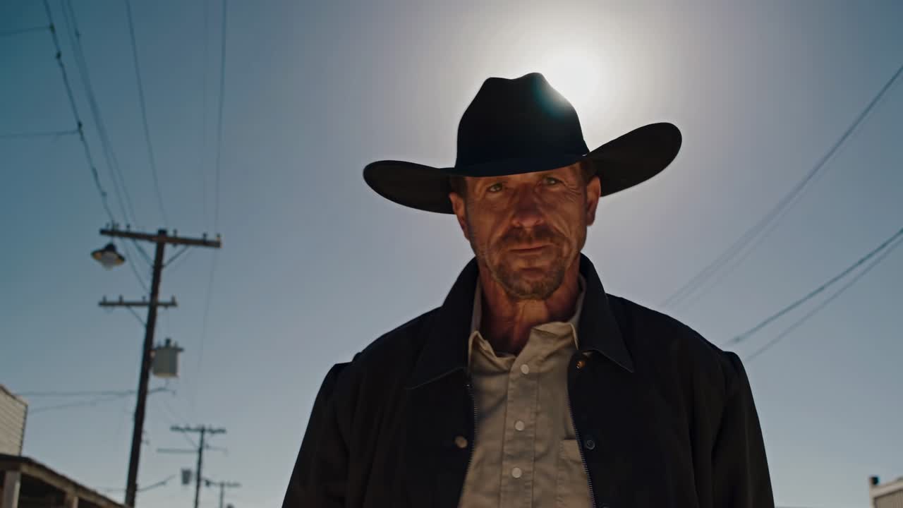 Un cowboy solitario percorre una strada polverosa e deserta in una città del West.