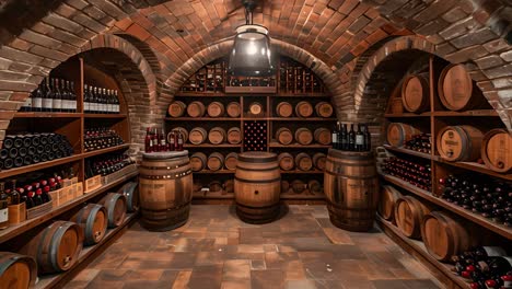 a rustic wine cellar with barrels and bottles