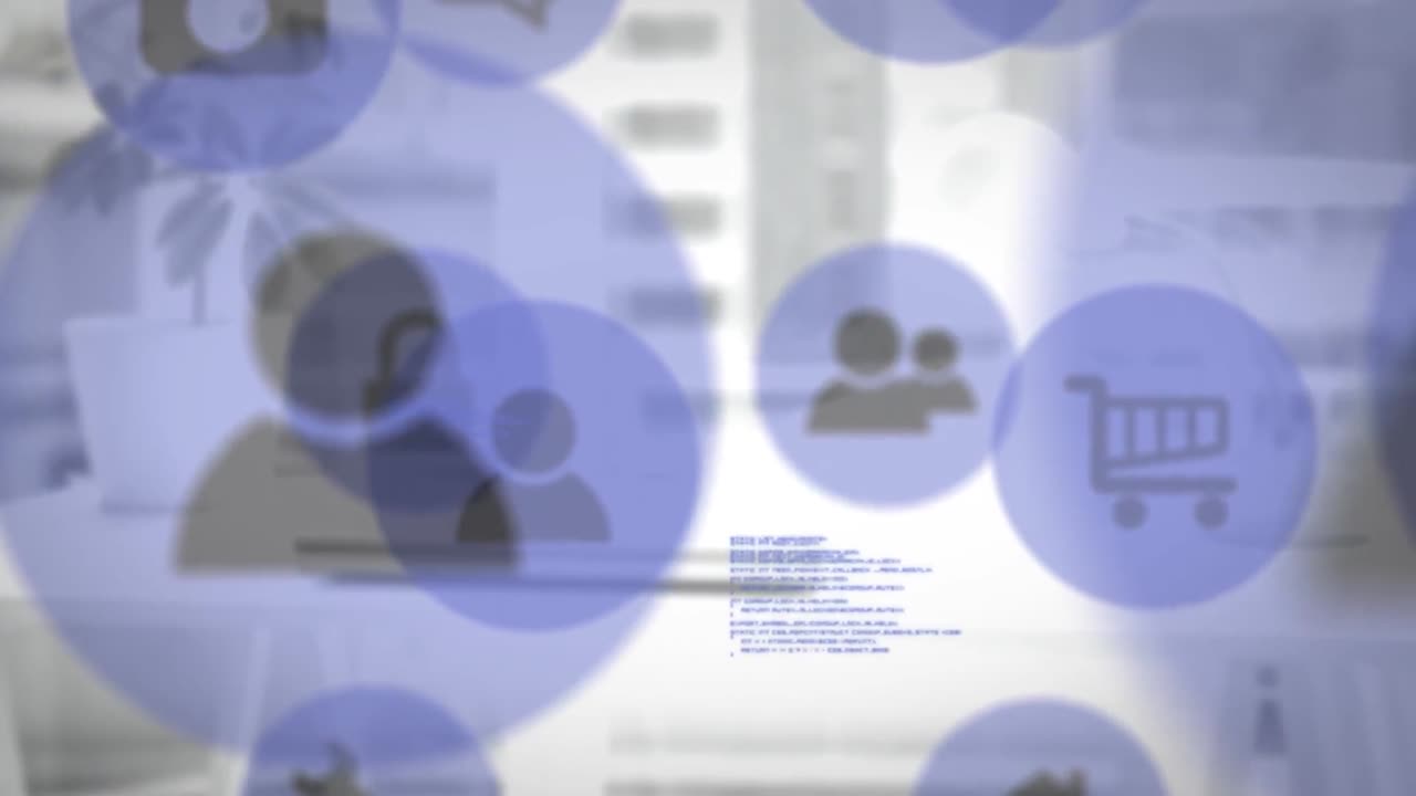 animación de personas e iconos de carrito de compras con procesamiento de datos en la oficina de la ciudad