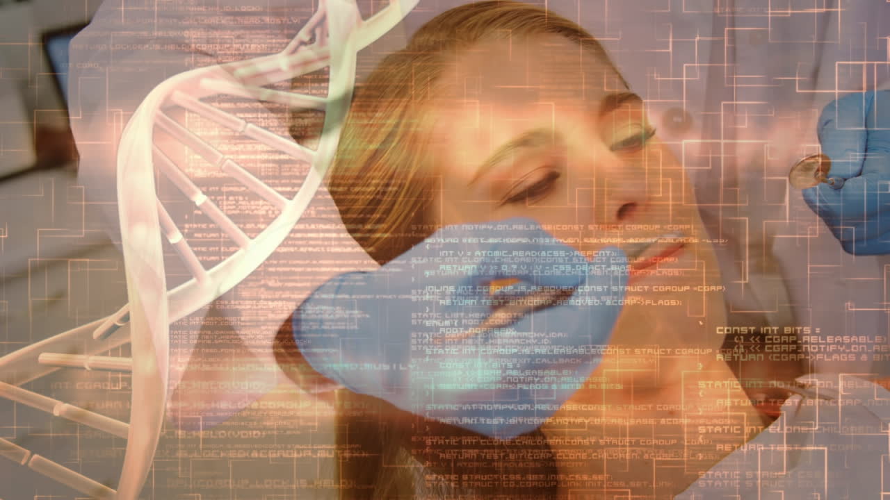 анимация обработки медицинских данных над мужчиной кавказским стоматологом и пациентом в стоматологическом кресле