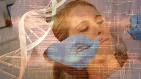 animación del procesamiento de datos médicos sobre un dentista caucásico masculino y un paciente en la silla del dentista