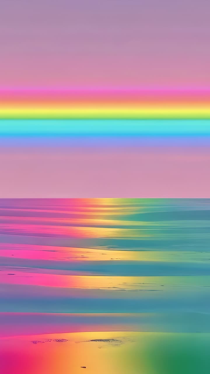 Vertical video: Rippling water shimmering rainbow reflection under rainbow sky stripe at dawn
