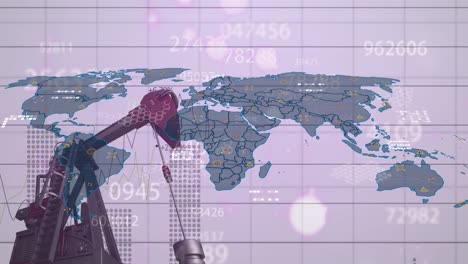 animation of data processing and world map over oil pump on white background