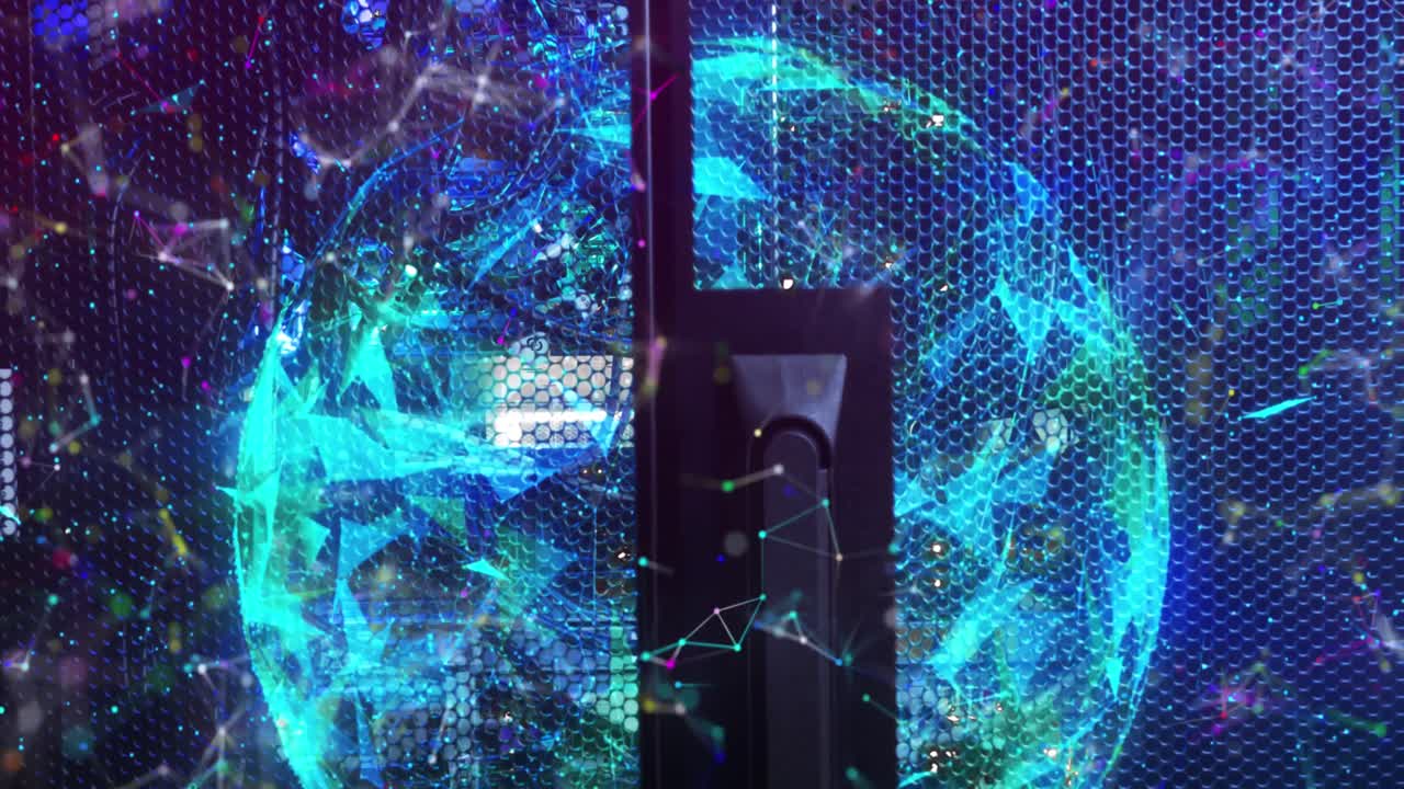 Animation of moving shapes and globe over server room