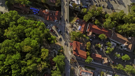 helen georgia aerial v13 vertical top down view, flyover above main street of the mountain town capturing bavarian-style buildings and beautiful lush greenery - shot with mavic 3 cine - october 2022