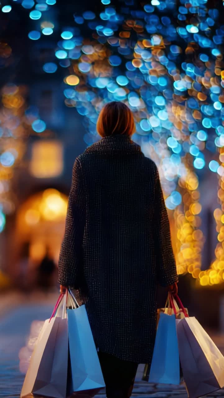 A woman dressed warmly carries shopping bags, walking amidst vibrant holiday lights, creating a festive atmosphere filled with joy and anticipation for the season ahead