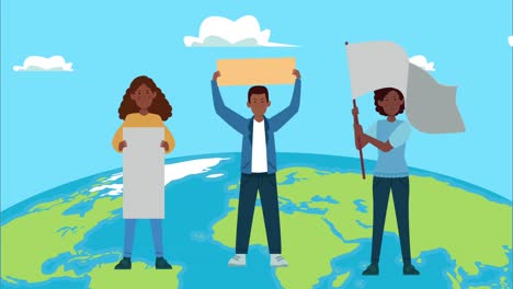 afro people protesting with banner and flag in planet earth characters