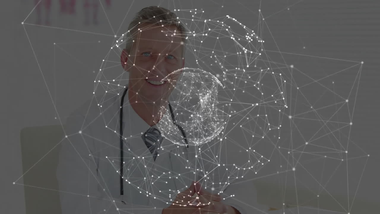 Male doctor interacting with healthcare tech in clinic, visualizing holographic node network