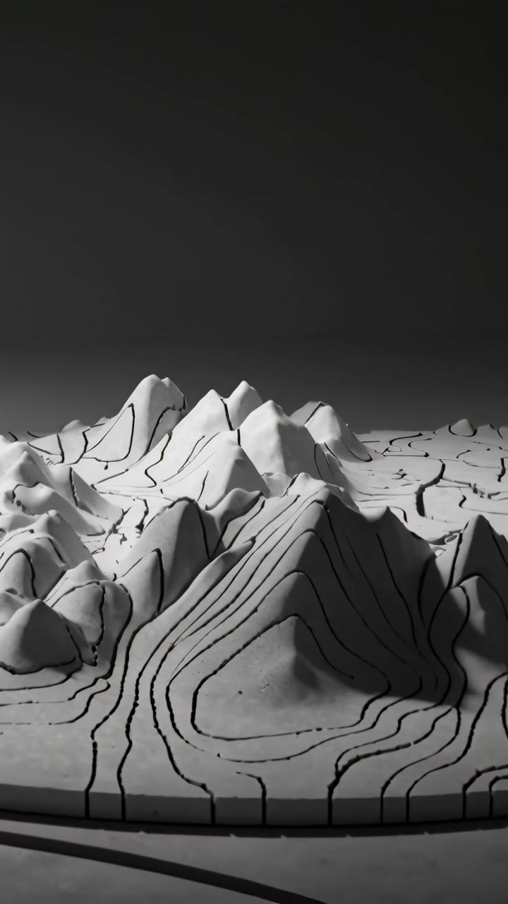 Vertical video: Pulling back from close frame, camera revealing topo in studio, black lines, rim
