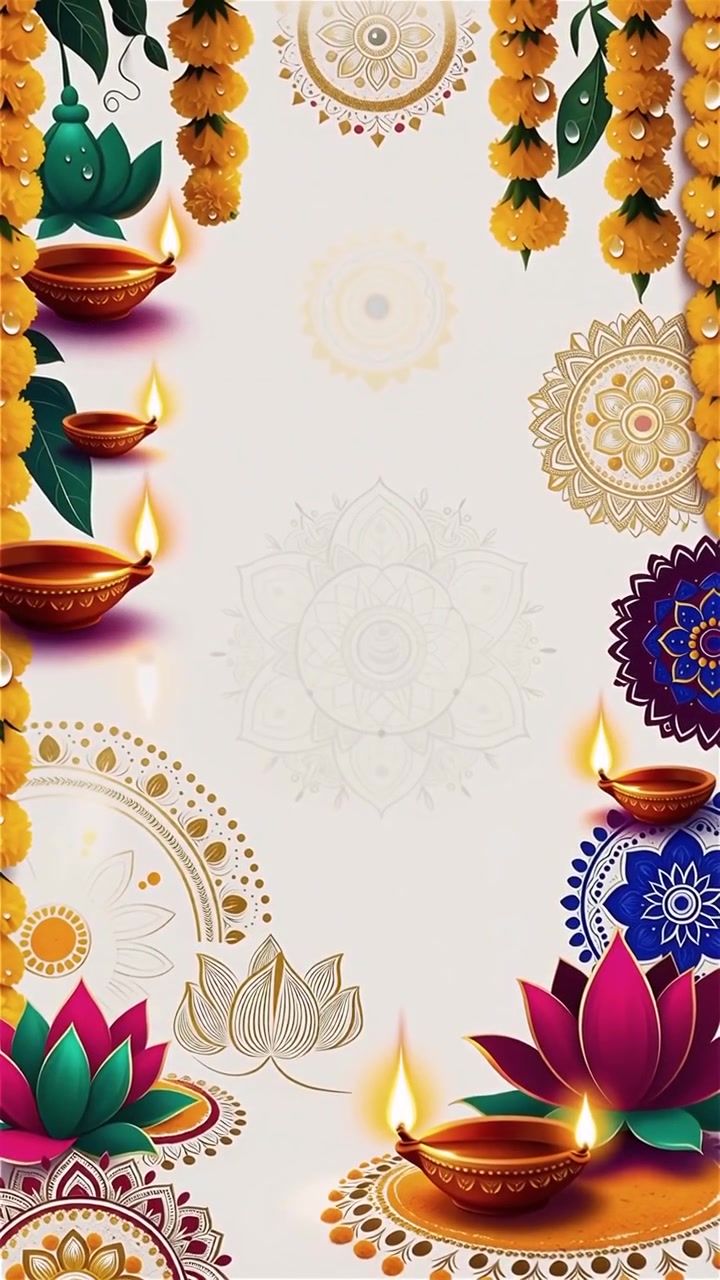 Sfondo Diwali con Diyas luminosi, Rangoli e fiori di loto