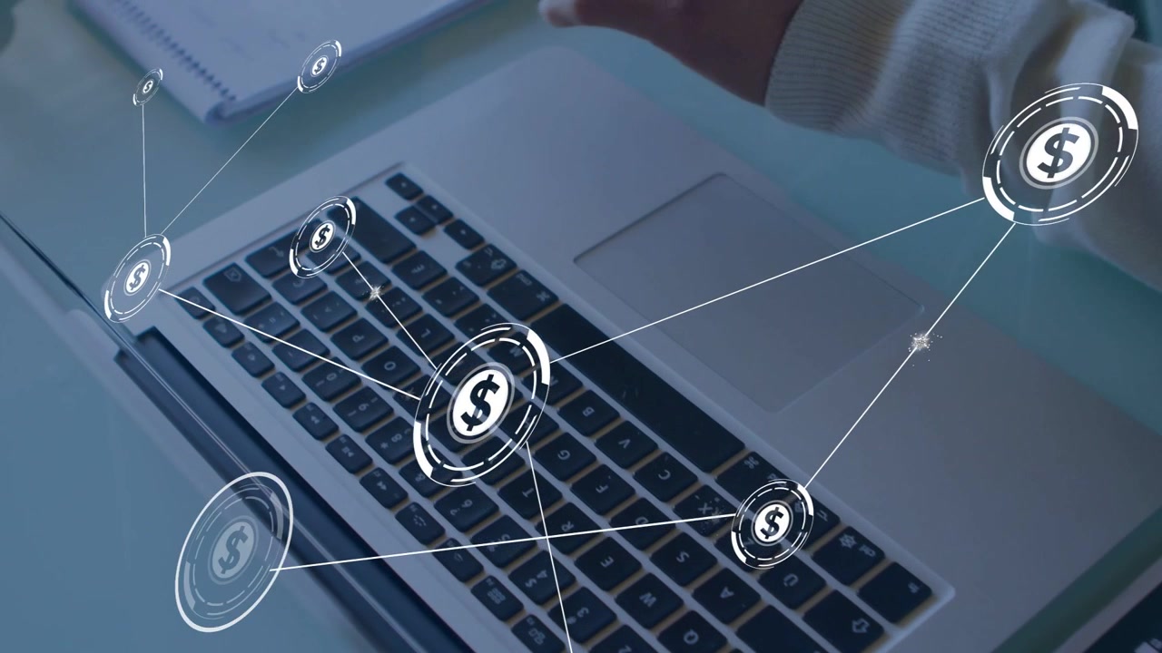 Man typing keys starting fintech coin network over laptop expanding while writing notes for finance