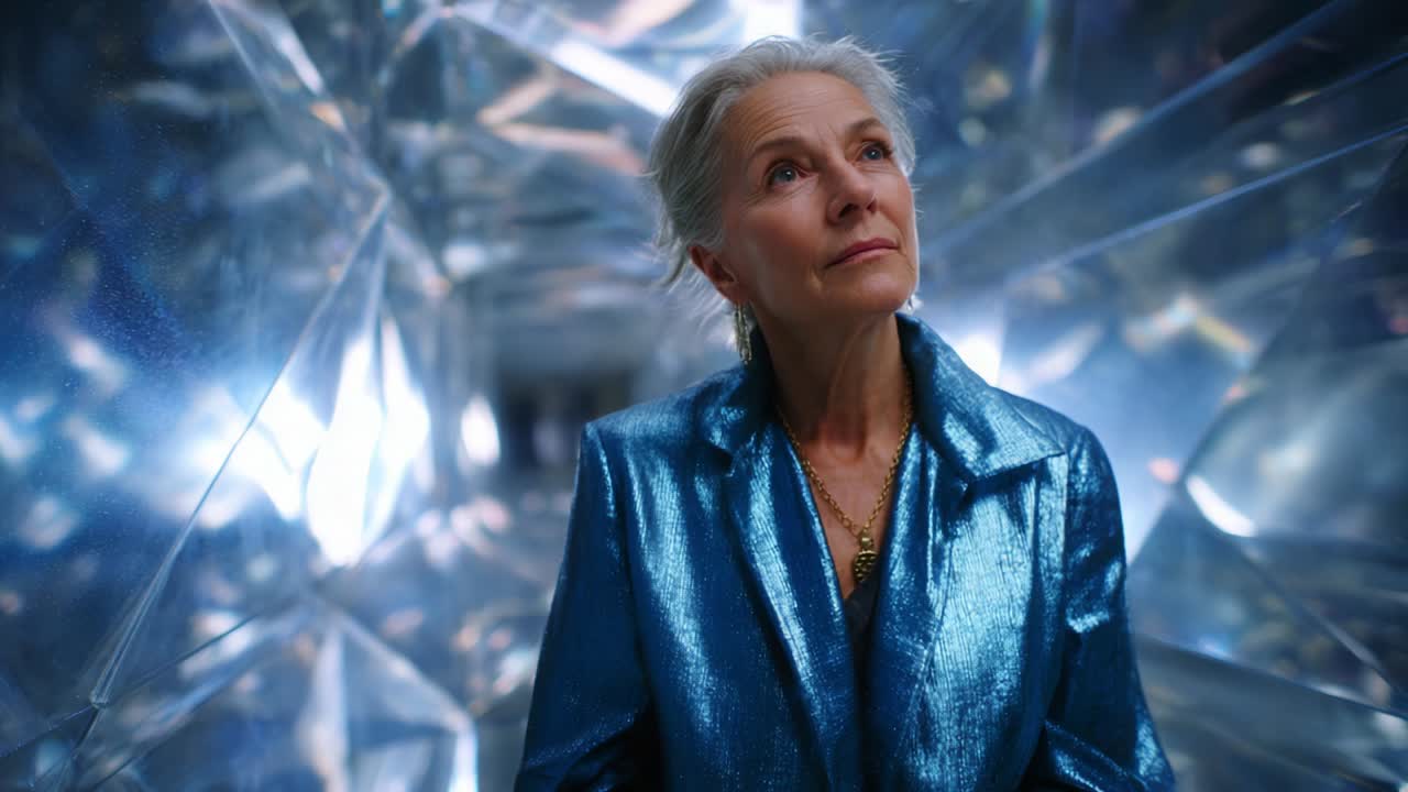 A woman with silver hair gracefully gazes upward in a radiant environment, adorned in a striking blue metallic jacket that reflects the array of shimmering surfaces surrounding her in a dreamlike, crystalline space