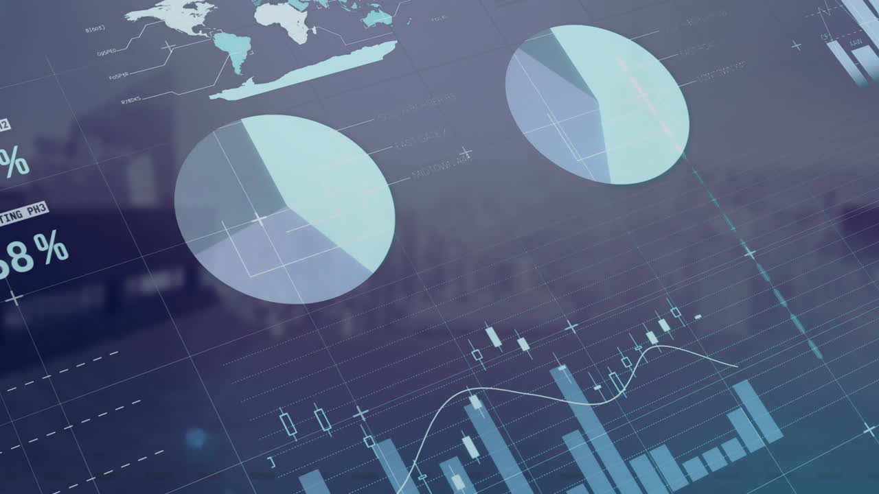 Animation of infographic interface over modern cityscape against sky