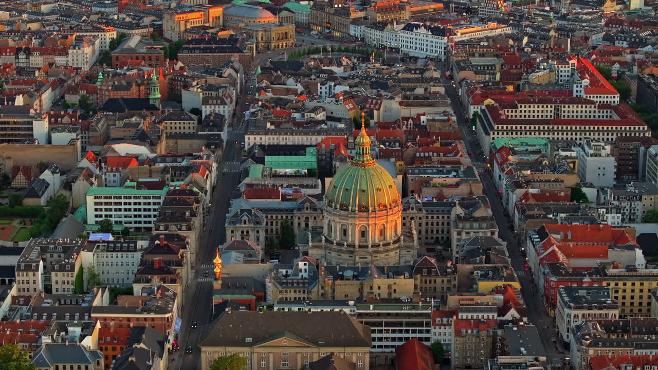 Aerial drone view of Frederik's Church in the city centre of Copenhagen, Denmark