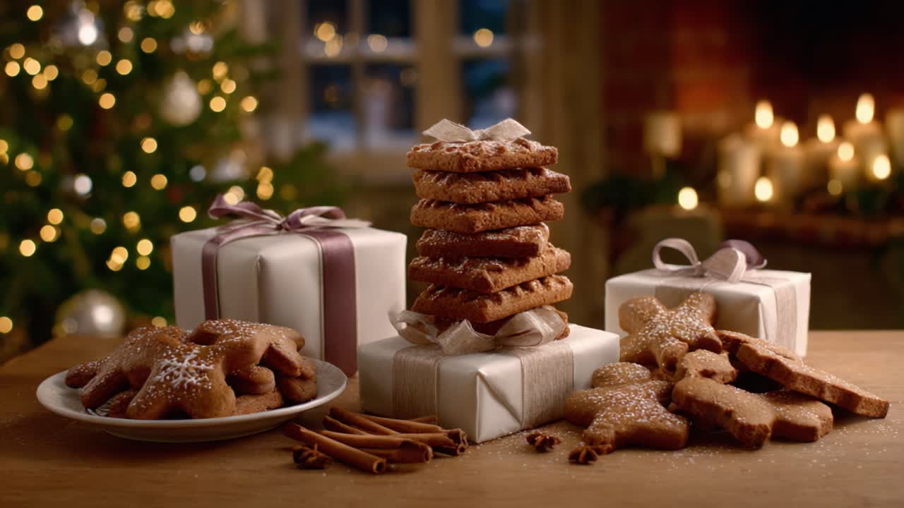 Eine festliche Darstellung von leckeren Lebkuchen und wunderschön verpackten Geschenken in einer gemütlichen Weihnachtsumgebung, umgeben von sanftem Kerzenlicht und Weihnachtsfreude