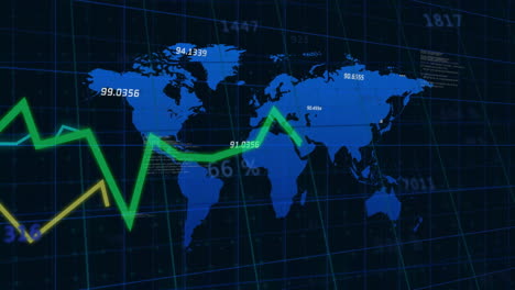 financial data animation with fluctuating green line on world map