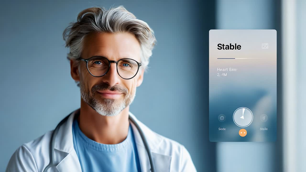 Un professionista medico sicuro di sé, con capelli argentei e occhiali, è in piedi con orgoglio davanti a uno sfondo rilassante, mentre mostra un monitor digitale per la salute che visualizza i parametri vitali e la stabilità della frequenza cardiaca.